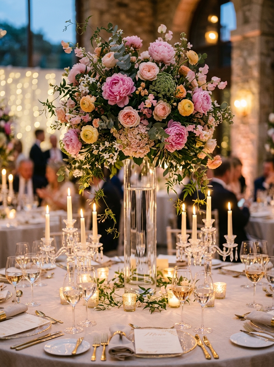 Pink Floral Centerpieces & Glassware