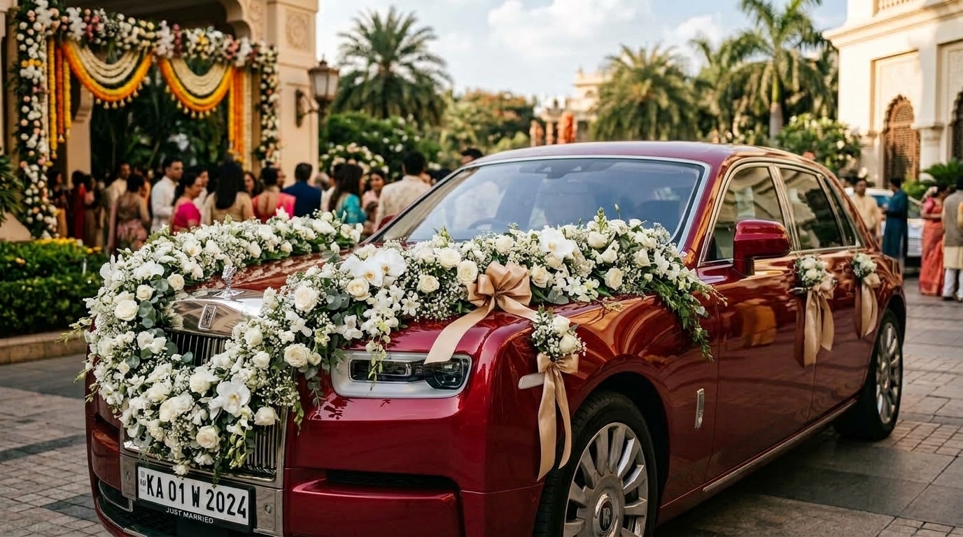 Bespoke Red Wedding Car Flower Decor & Celebrations