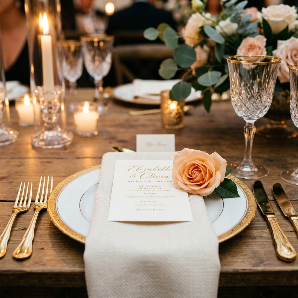 Chic Place Setting with Menu & Flowers