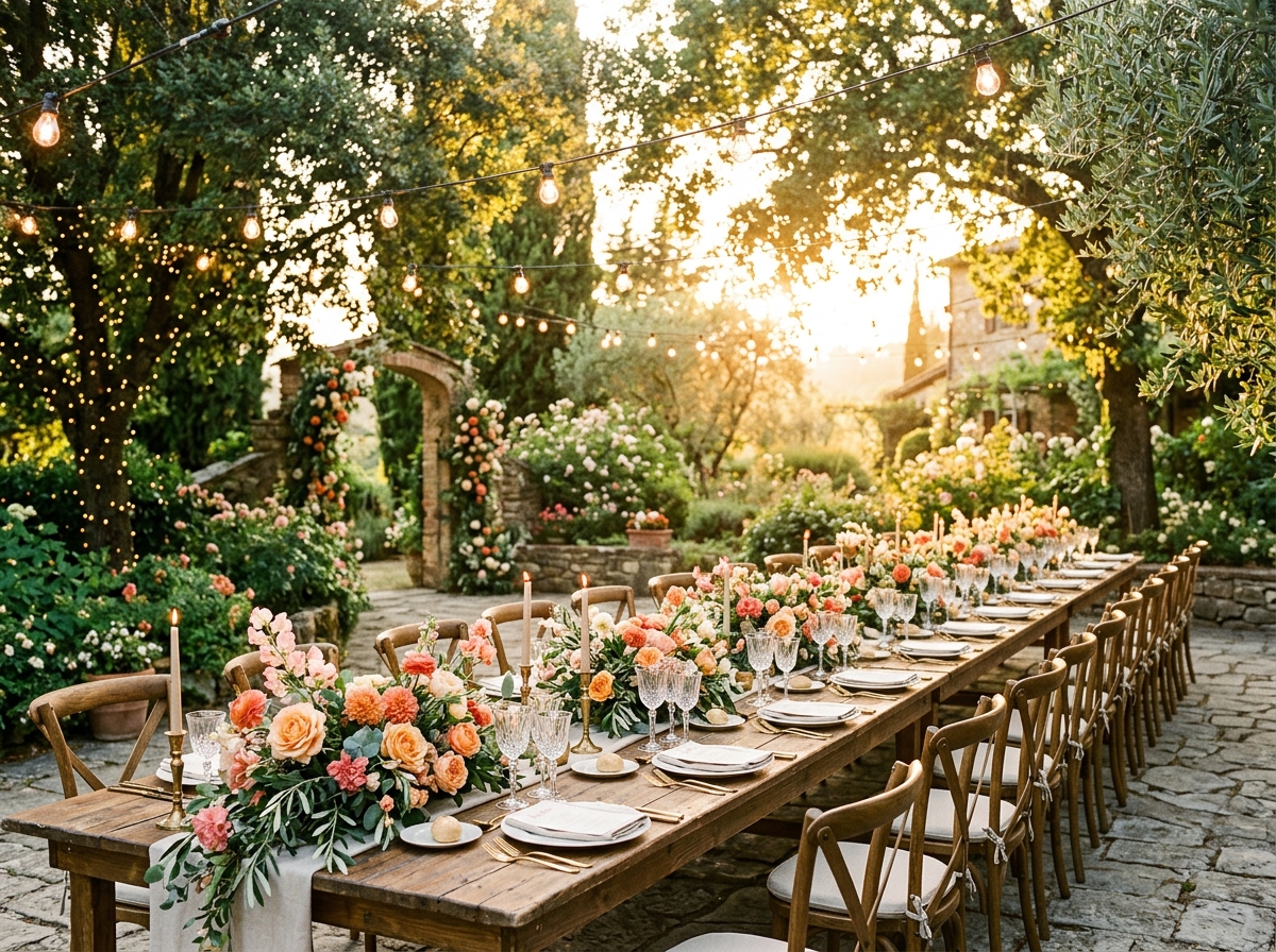 Outdoor Garden Banquet Tablescape with Amber Glassware